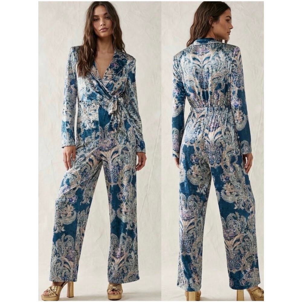 Free People Delphine Jumpsuit Womens Medium Blue Velvet Paisley Bohemian Holiday - Picture 2 of 14